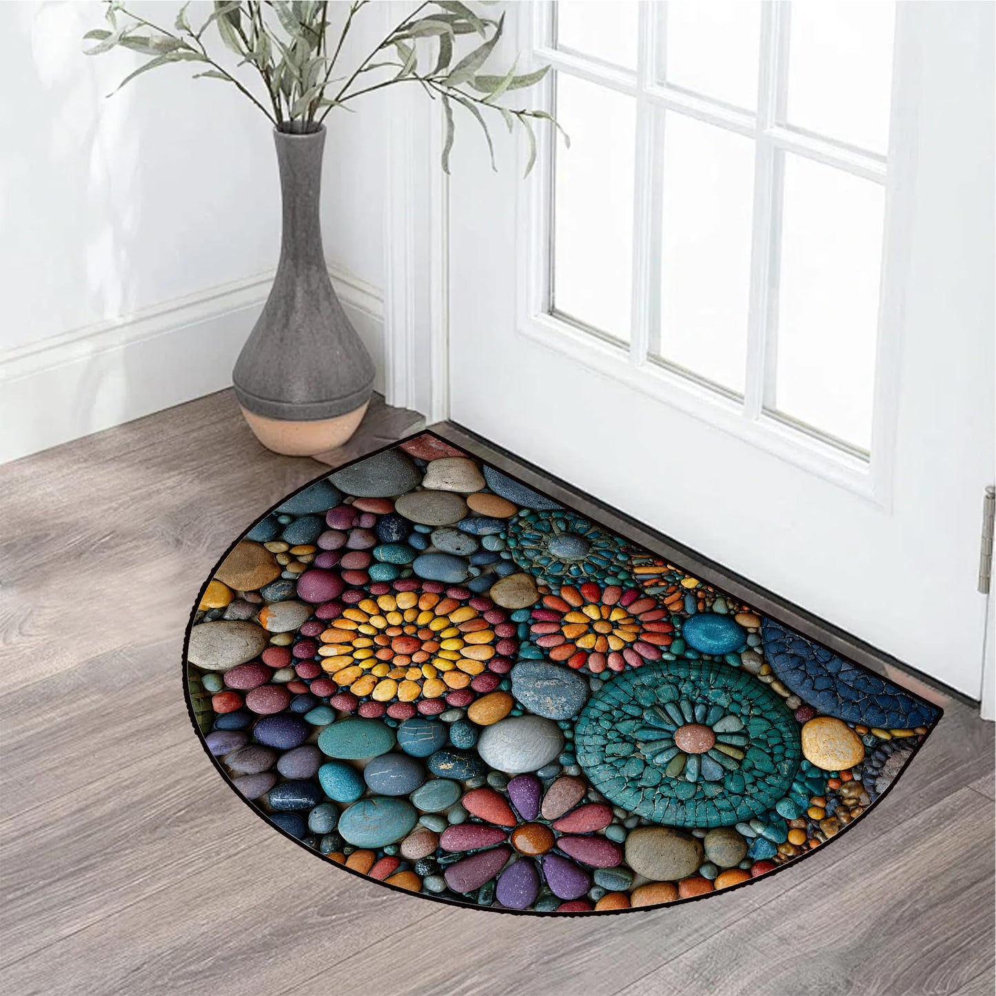 NYZE Semi Circle Door Mat Half Round Welcome Mat Non Slip Low-Pile Absorbent Half Circle Entryway Rug for Bathroom Bedroom Laundry Room(Pebble Floral, 24"×36")