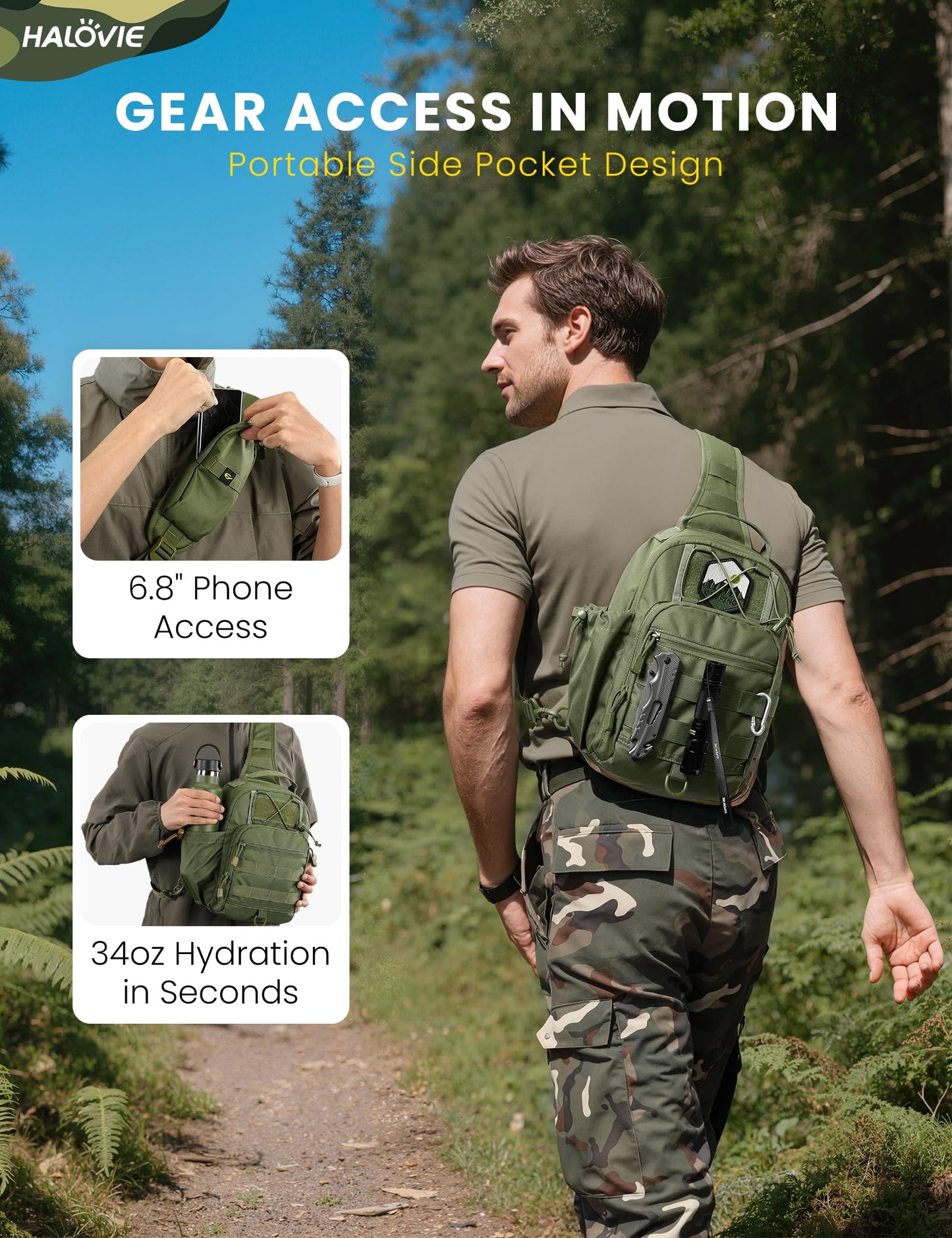 HALOVIE Anti-theft Tactical Sling Bag RFID ArmyGreen Military Shoulder Bag with Phone Pack EDC Molle Crossbody Bag for men