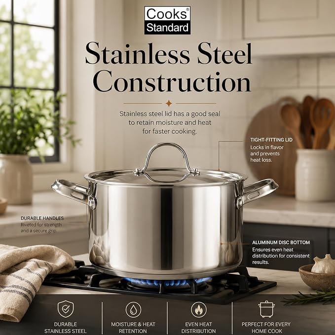 Cooks Standard Classic 6 Quart Stock Pot with Lid, Stainless Steel Dutch Oven