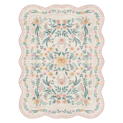 Dadasgk Pink Floral Rug 5X7 for Girls Bedroom or Nursery, Scalloped Washable Non-Slip Area Rug, Cute Soft Boho Carpet for Kids Room, Dorm, or Playroom