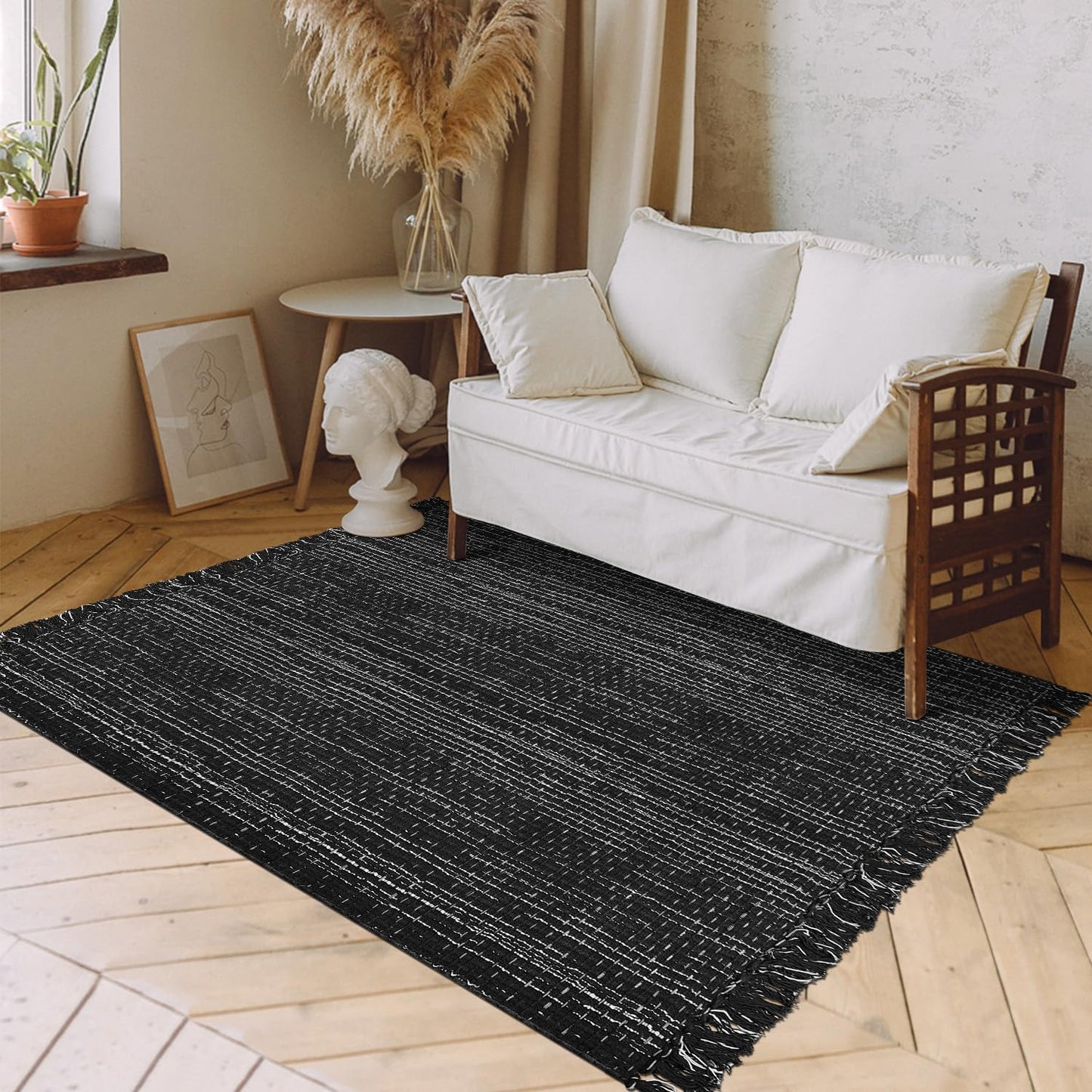 Washable Area Rug 3x5 Cotton Runner with Tassel, Black White Indoor Outdoor Rug for Kitchen Bedroom Living Room Farmhouse Laundry Entryway