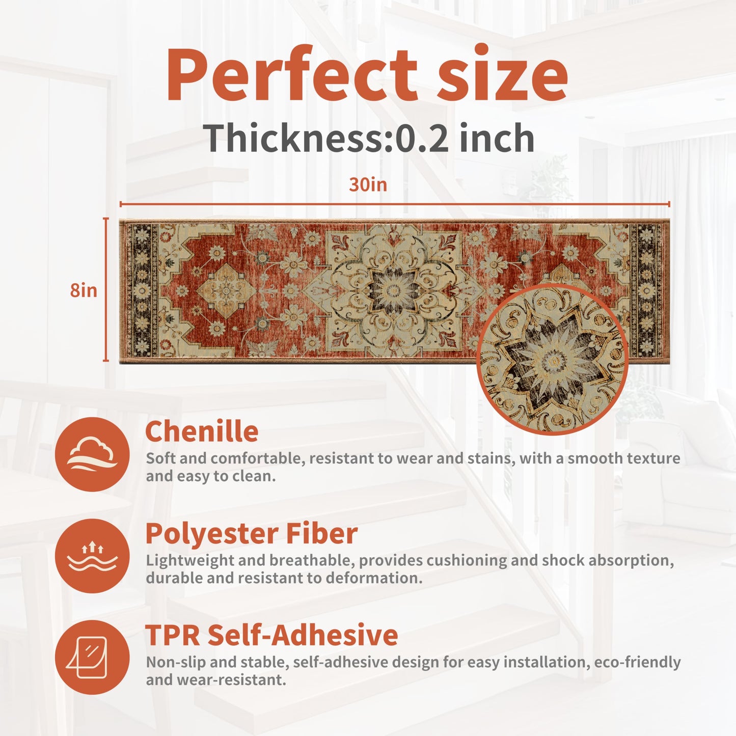 Non-Slip Stair Treads for Wooden Steps 15pcs,8"x30" Stair Carpet Treads for Indoor Use,Peel and Stick Stair Runners,Washable Reusable Adhesive Backing,Pet-Friendly Stair Capet for Kids,Elders,Dogs