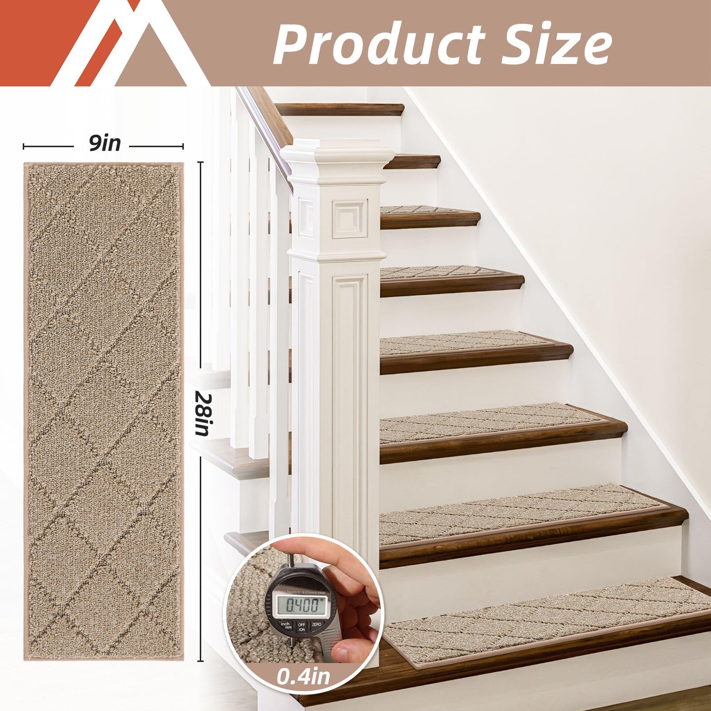 COSY HOMEER Edging Stair Treads Non-Slip Carpet Mat 28inX9in Indoor Stair Runners for Wooden Steps, Edging Stair Rugs for Kids and Dogs, 100% Polyester TPE Backing (7pc, Beige)