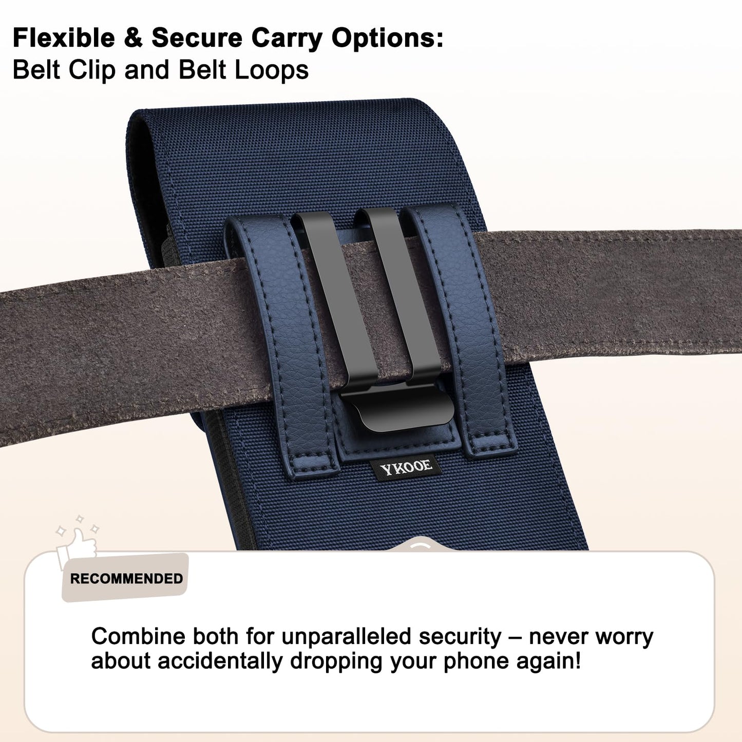 ykooe Holster Compatible with iPhone Pro Max (16 15 14 13 12 11) Galaxy Plus/FE (S25 S24 S23 S22 S21), Nylon Cell Phone Belt Holder Case with Clip and Leather Card Pouch for Men, Blue -L