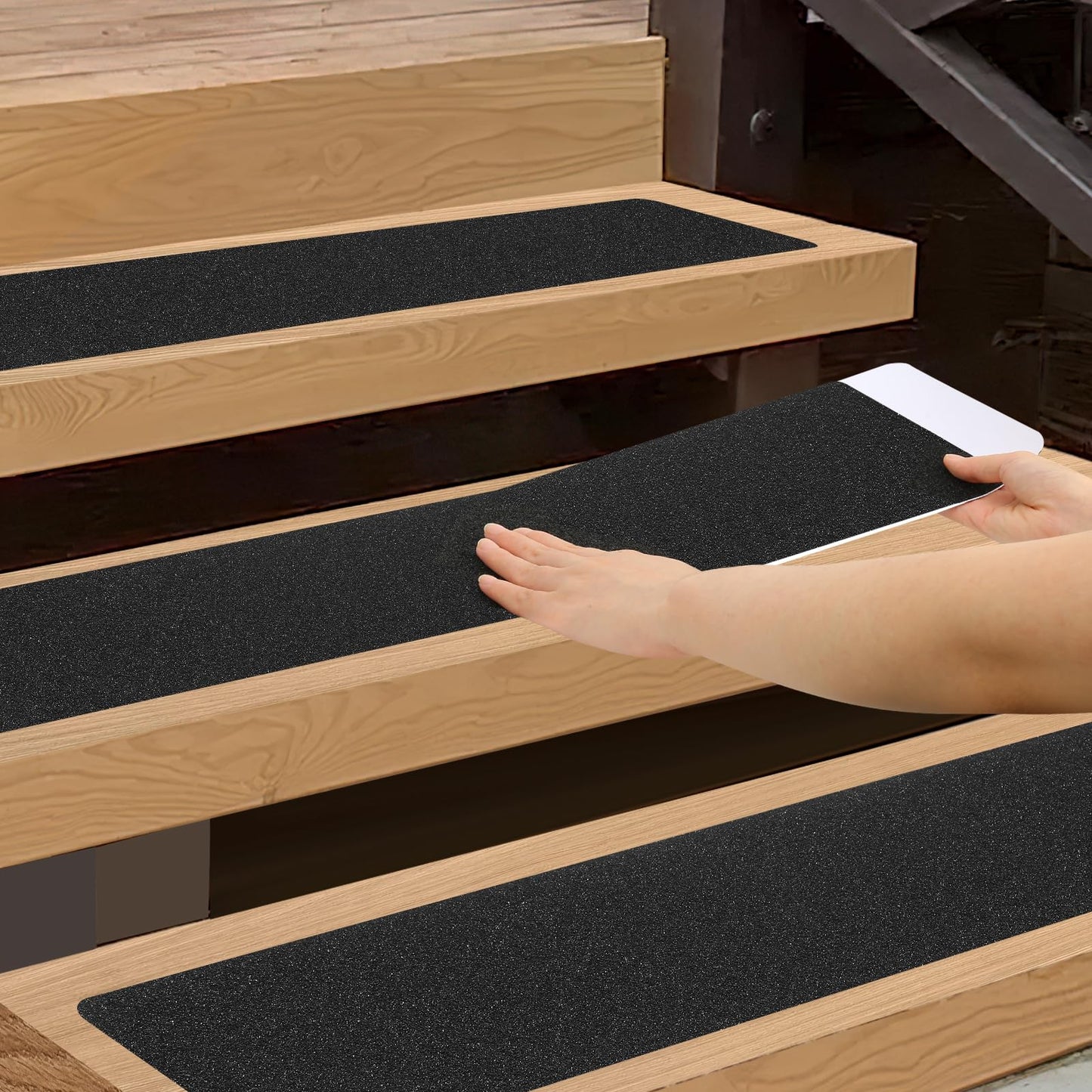 SMILOOL Outdoor Stair Treads Non-Slip Step Strips for Wooden Steps 5 Pack 6” x 24” Anti Slip Grip Tape Precut for Outside Stairs, Non Skid Stair Tread Mats Weather Resistant for Outdoors, Black