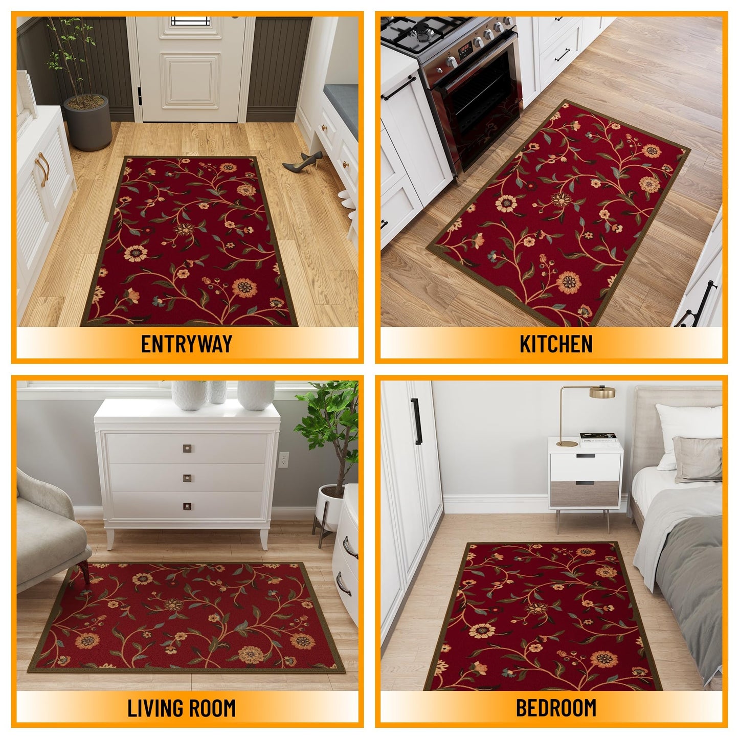 Ottomanson Accent Rug – Non Slip Low Pile Small Rug for Entryway, Bedroom, Bedside & Coffee Table Areas, 2'7" x 4', Floral Red