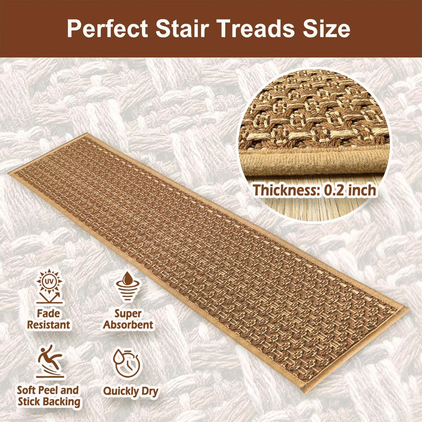Braided Stair Treads Faux Jute,Non-Slip Stair Runners for Wooden Steps,Indoor,Farmhouse,15PCS 30"x8",Neutral Peel and Stick Stairs Carpet for Kids,Elders and Dogs,Stair Covers,Tan Brown