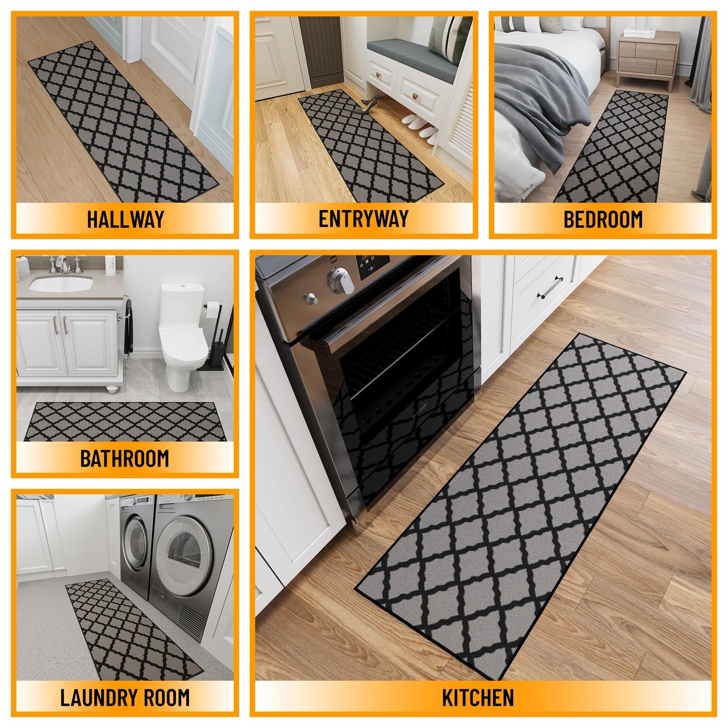 Ottomanson Hallway Runner Rug 20" x 59" Non Slip Trellis Area Rugs Easy to Clean Laundry Rug Runner Durable & Pet Friendly Floor Carpet Runners for Hallways Entryway Living Room Kitchen, Dark Gray