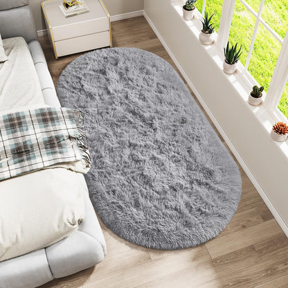 LOCHAS Bedroom Rug 2.6' x 5.3', Gray Fluffy Shaggy Area Rug for Bedroom Bedside, Soft Oval Throw Rugs Carpet for Kids Girls Nursery Living Room Home Decor