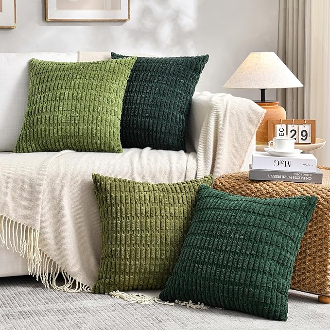 Fancy Homi 1 Pack Boho Moss Green Decorative Throw Pillow Covers 16x16 Inch for Couch Bed Sofa, Rustic Modern Farmhouse Home Decor, Soft Plush Corduroy Cute Square Cushion Case 40x40 cm