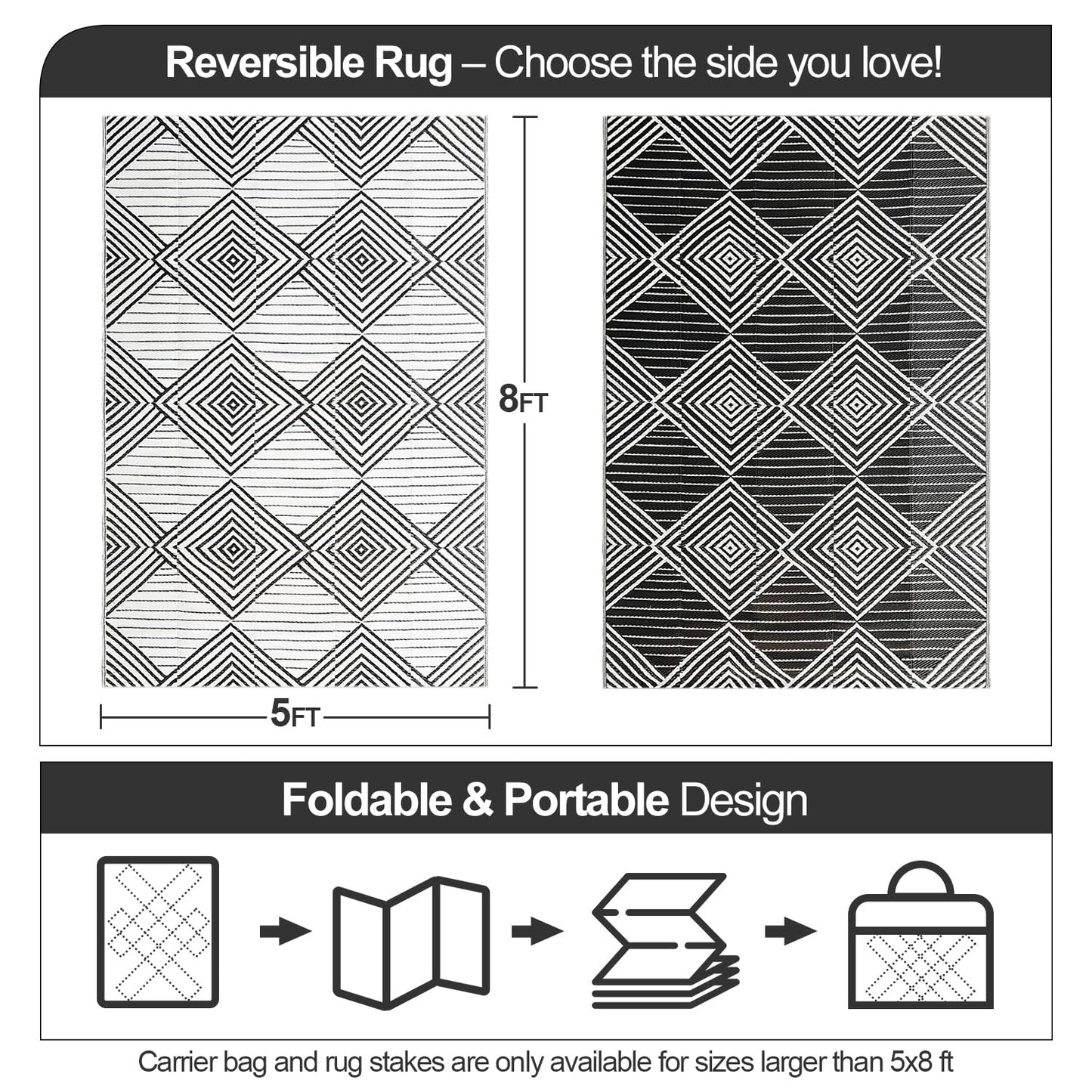 Waterproof Outdoor Rug 5x8ft, Foldable Reversible Plastic Straw Mat for Patio RV Deck Porch Backyard Balcony Camping Picnic Beach Indoor Outdoor Carpet, Black&White
