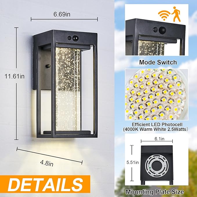 Solar Outdoor Wall Light with 3 Modes Motion Sensor Crystal Exterior Sconce with 4000K 250LM LED Outside Light for House Front Door Garden Patio IP65 Waterproof Dusk to Dawn Solar Porch