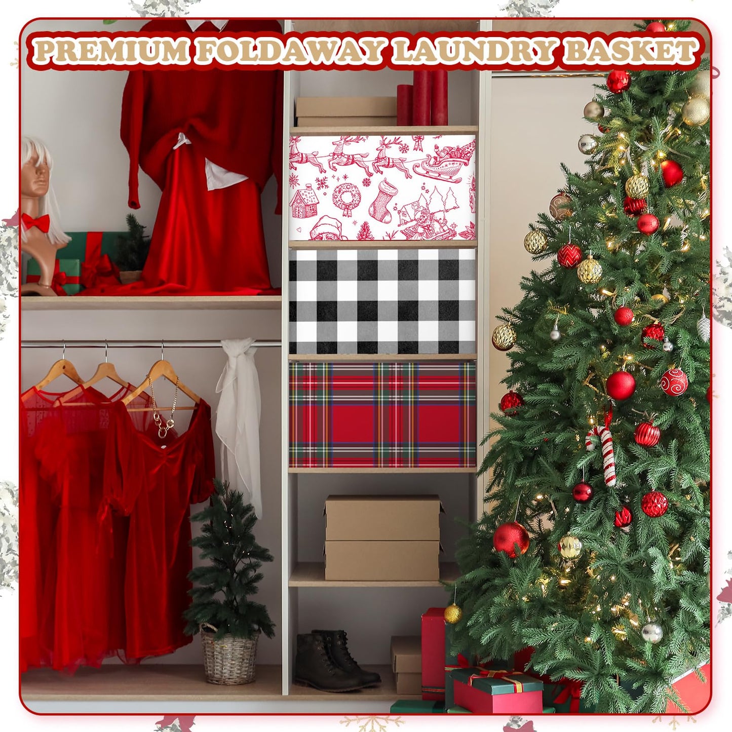 Boao 3 Pcs Christmas Foldable Storage Bins Red Black Plaid Laundry Basket with Handles Waterproof Elk Santa Claus Fabric Shelf Baskets for Organizing Closet Clothes