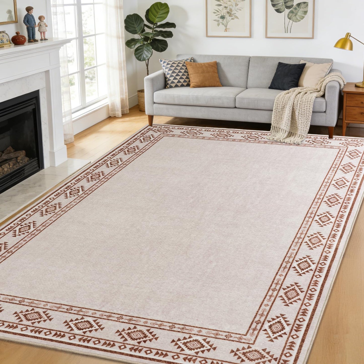 QDUIDU Large Area Rug for Bedroom Living Room, 4x6 Feet Ultra Soft Cream Rugs Washable Modern Geometric Bordered Non Slip Low Pile Carpets Home Decor