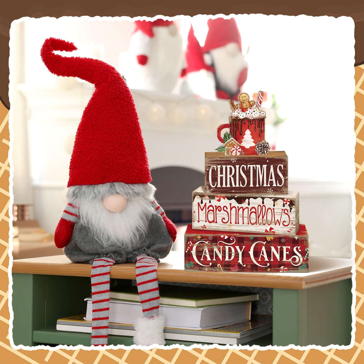 Moucuny 4 Pcs Christmas Hot Cocoa Table Decor Christmas Wooden Decorative Signage Hot Cocoa Tiered Tray Decor Xmas Centerpieces Farmhouse Wooden Block Set Xmas Table Sign for Home