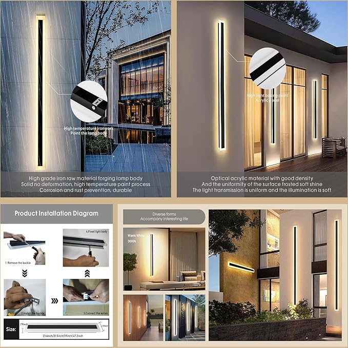 2Pack 39inch Long Outdoor Modern LED Wall Light,30W Waterproof IP65 Warm White 110V led Wall Mount Lighting Fixture Rectangular Black Wall Lights Elegant Frosted White Acrylic Anti Rust