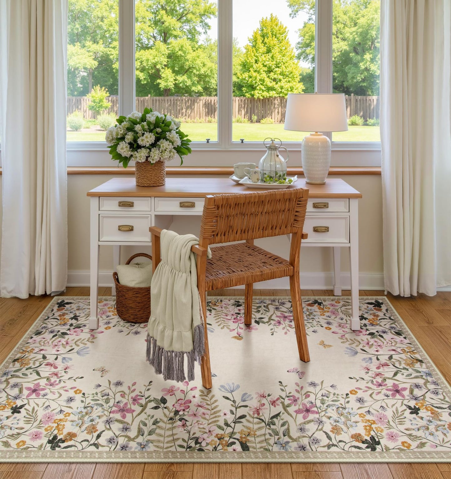 Wonnitar 4x6 Washable Area Rug, Boho Floral Bedroom Rug, Botanical Carpet for Nursery, Beige Non Slip Office Rug, Farmhouse Kitchen Kids Playroom Decor (4x6 Beige)