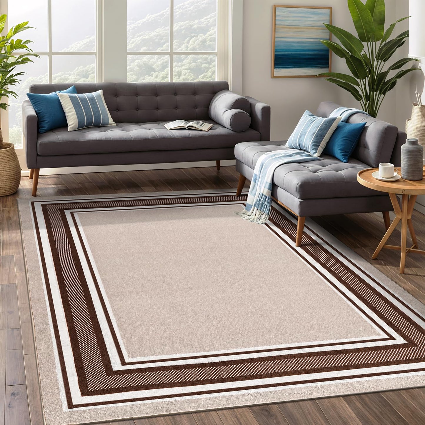 Beverly Rug Non Slip Area Rugs 3x5 Modern Bordered Non Skid Rubber Backing Soft Area Rug for Living Dining Room Easy to Clean Non Shedding Kitchen Bedroom Indoor Carpet 3 x 5 Beige-Brown