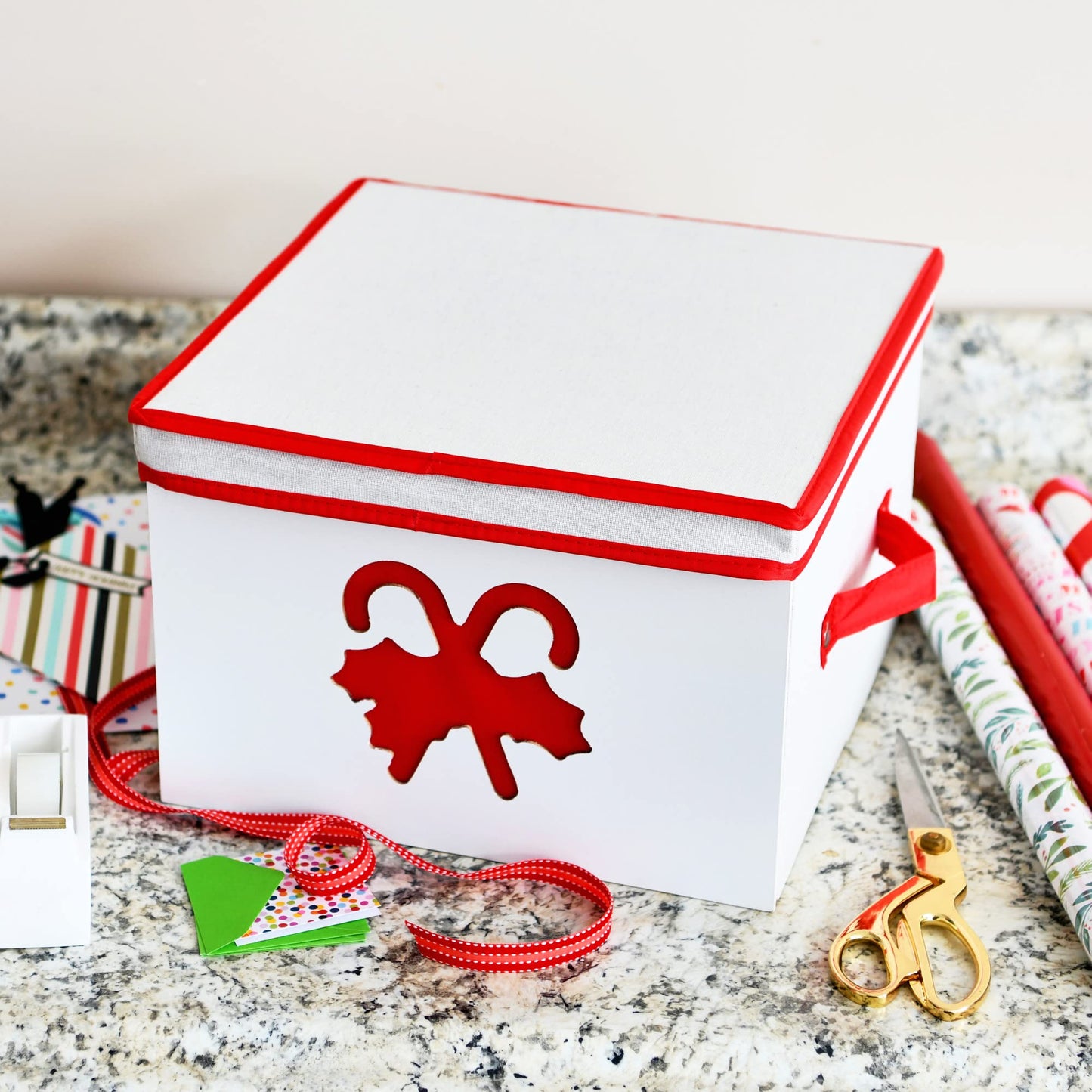 Household Essentials Medium Candy Cane Ornament Storage Box in Cream Polyester and Cardboard
