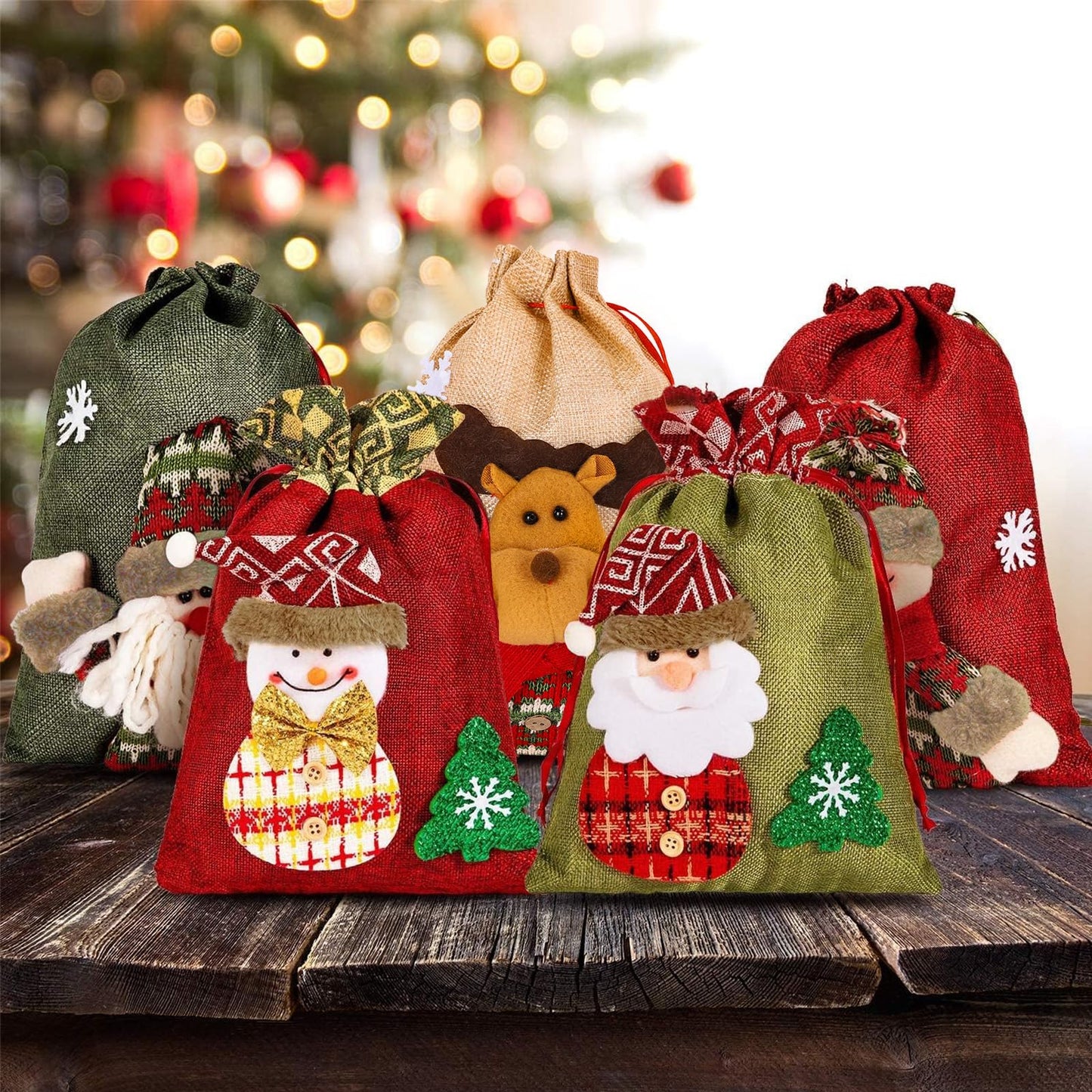 Whaline Drawstring Christmas Doll Bags 3D Xmas Gift Bags Snowman Red Treat Pouch Bag Sack Stockings Party Favor Bag 8 x 11in, 8 x 12in (5 Pack)