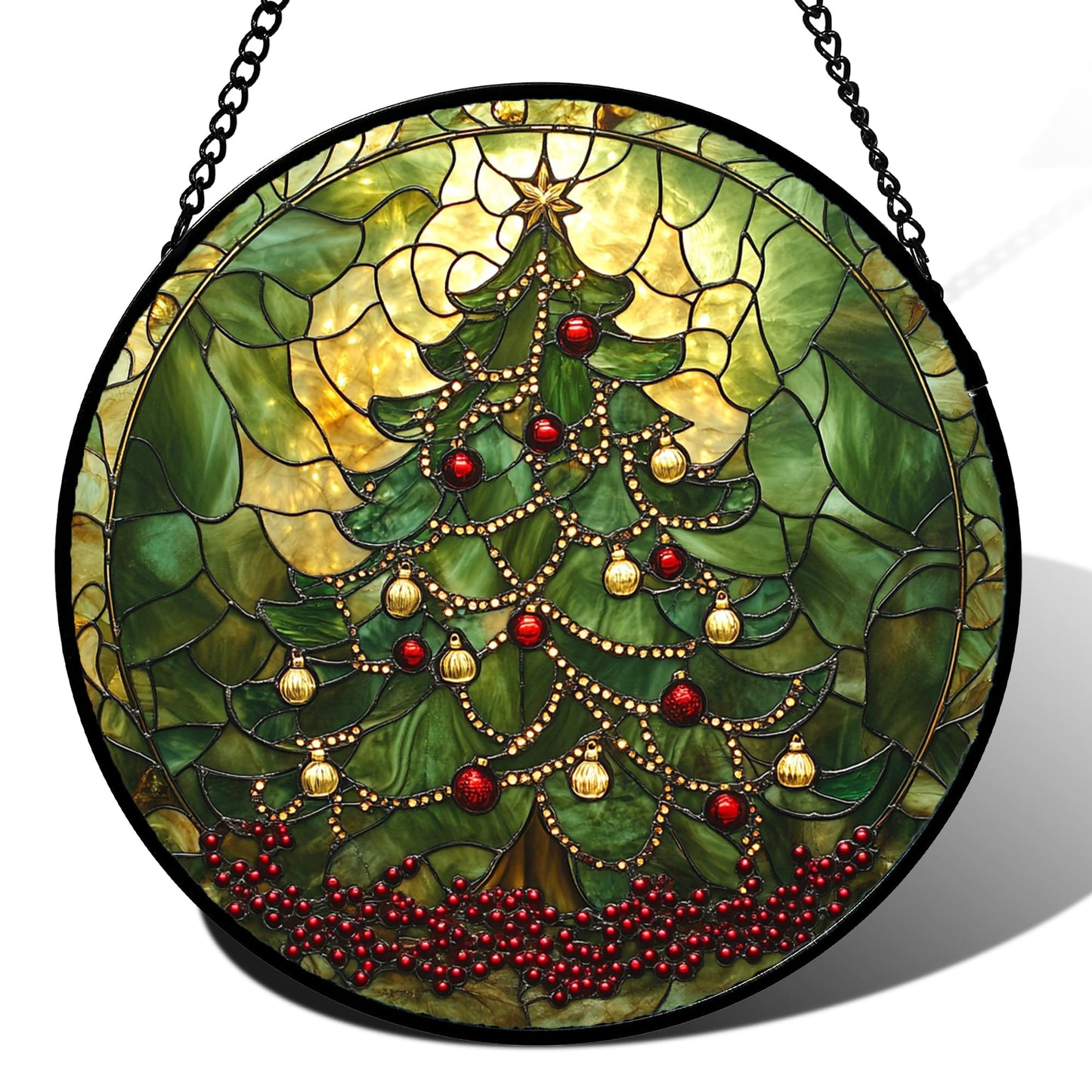 Stained Glass Window Hanging - Retro Green Christmas Tree Suncatcher for Doors Home Christmas Decoration Sun Catcher Thanksgiving New Year Birthday Gifts for Women Men Mom Nana 7.8 in