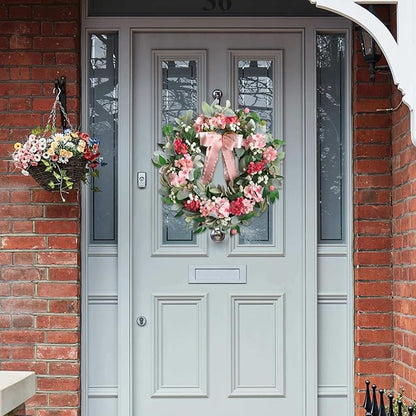 22” Summer Wreath with Hydrangea Lamb's Leaves, Summer Floral Wreaths with Ribbon Bow for Front Door Wall Window and Holiday Festival Party Banquet Wedding Decor