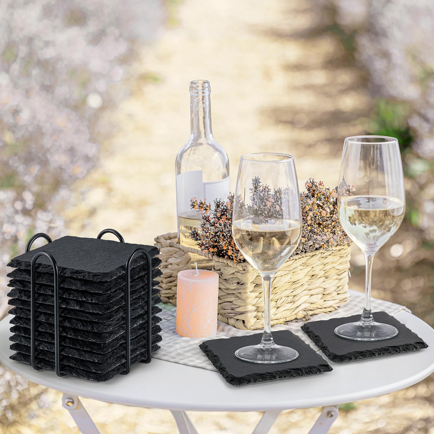 MAPRIAL Slate Drink Coasters with Holder, 4 Inch 12 Pieces Square Rustic Coasters Black Stone Coaster Set with Anti-Scratch Backing for Laser Engraving, Home Decor, Kitchen, Protect Table, Gifts