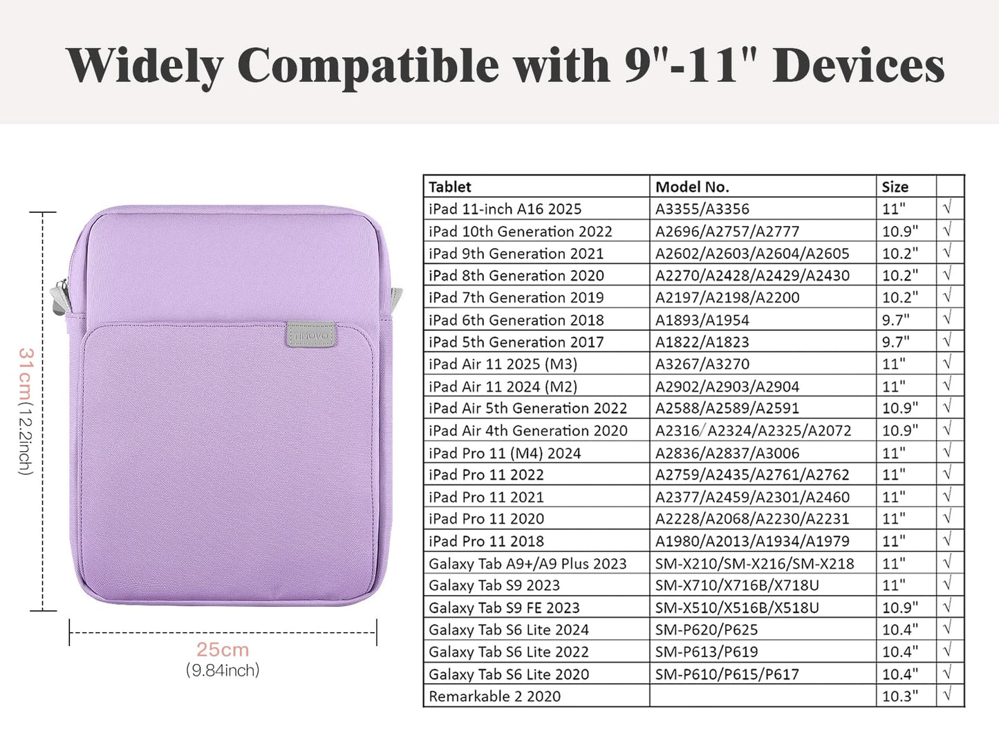 TiMOVO 9-11 Inch Tablet Sleeve Bag with Shoulder Strap for iPad 11-inch A16 2025, iPad 10th Gen. 10.9"/10.2", Galaxy Tab A9+/A11Plus 11", Purple