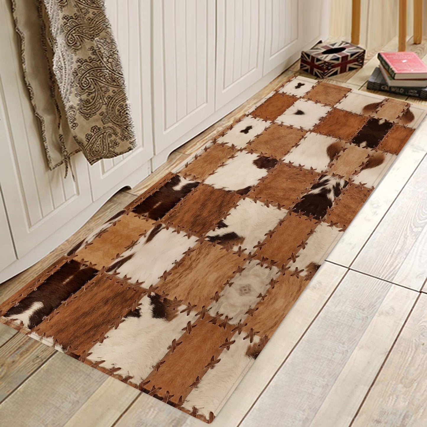 Cowhide Runner for Living Room and Hallway - Brown 2x6 Farmhouse Western Throw, Patchwork Cow Fur Print Area Non-Slip Floor Carpet for Bedroom, Entrance Door Mat - Washable