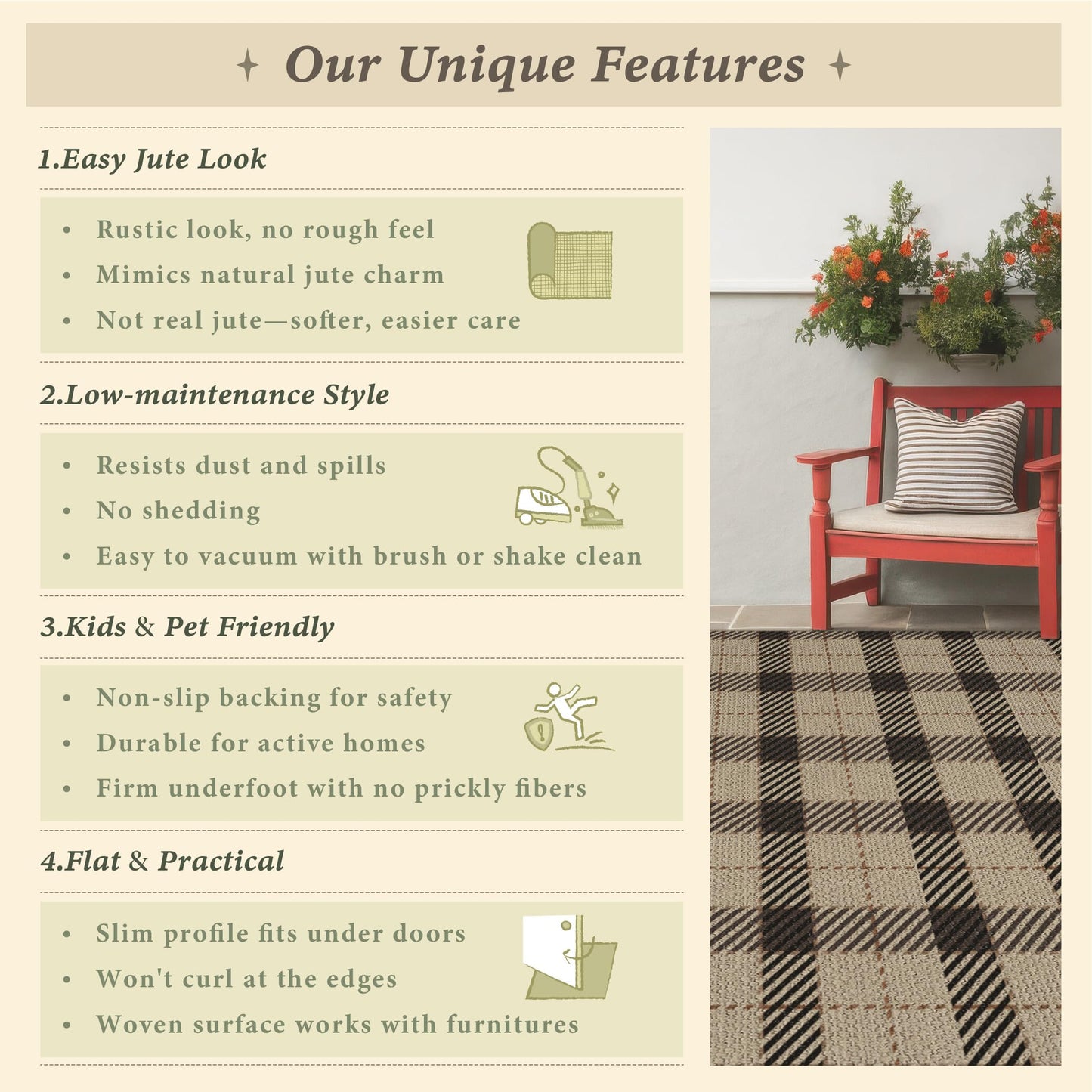 Easy Jute Farmhouse Area Rug 5x7, Washable Indoor Outdoor Plaid Rug, Black and Tan Rustic Woven Non Slip Carpet for Living Room, Entryway, Patio, Bedroom, Under Bed