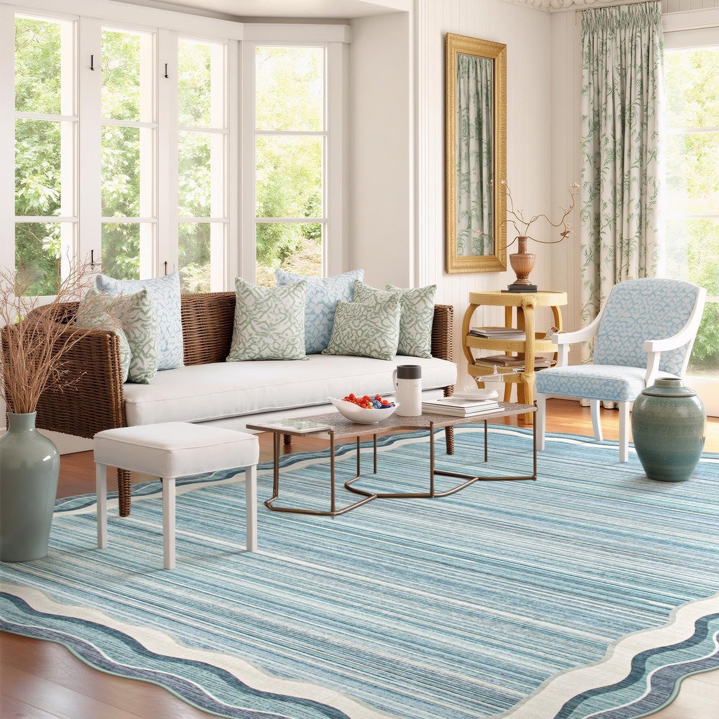 Lahome Estelle Scalloped 8x10 Area Rugs for Living Room, Washable Soft Blue Rug for Bedroom, Abstract Modern Non Slip Low Pile Indoor Carpet for Dining Room Home Office (Blue,8x10)