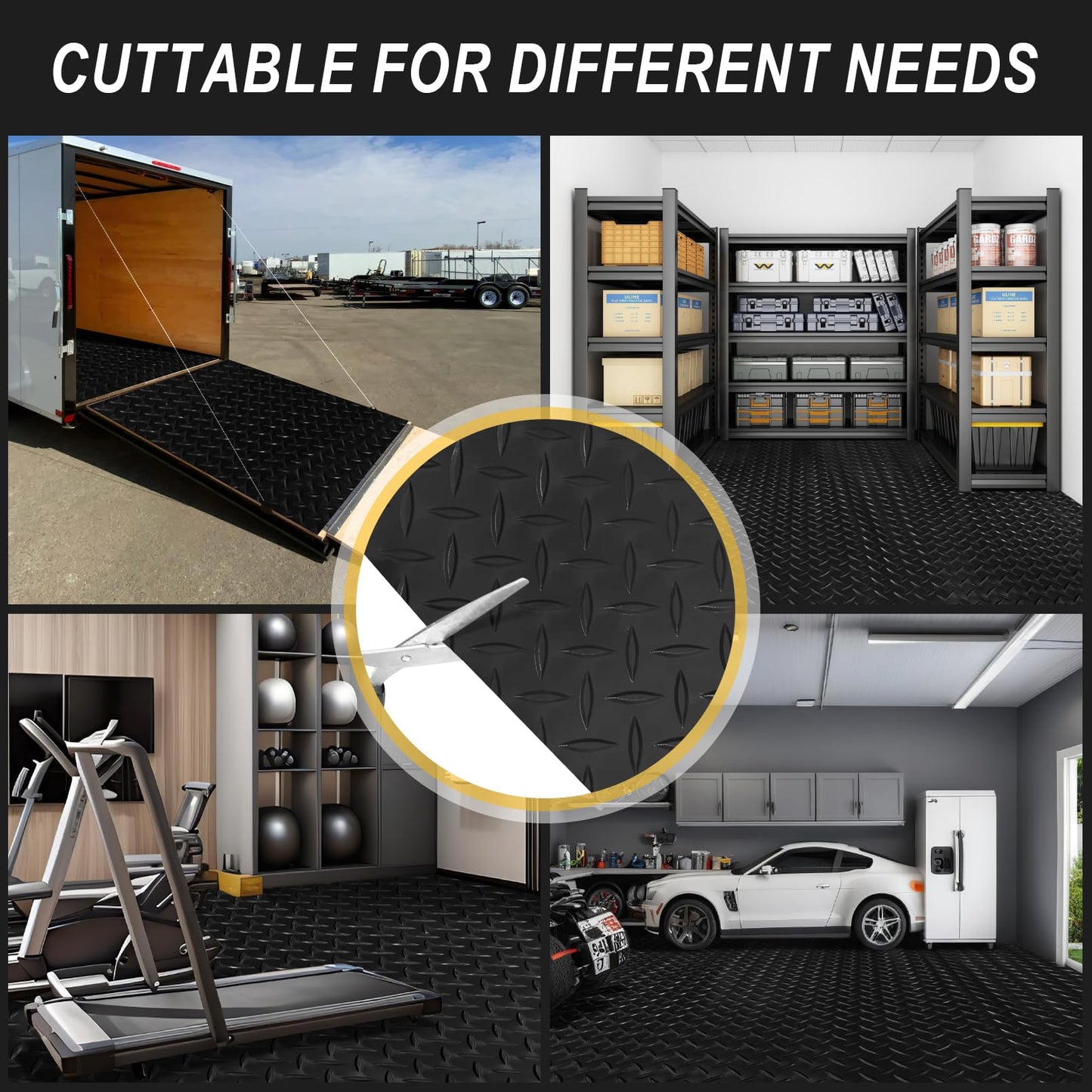 Grandroad auto 8x20 FT Garage Floor Mat, 2.8mm Thickened Flooring Roll for Under Car Diamond Plate PVC Rubber Mat with 20 Pcs Tapes, Non-Slip Floor Mat for Garage, Warehouse, Gyms, Trailer, Black