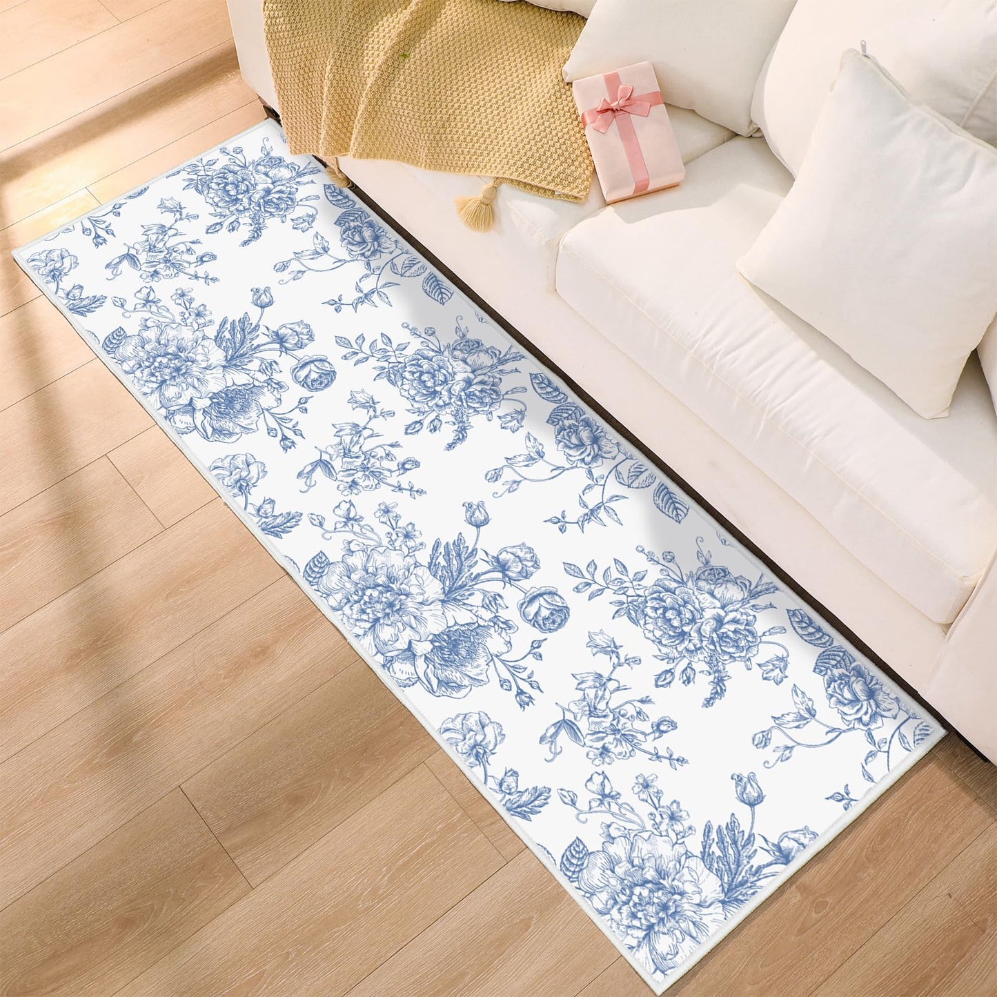 Drydiet Blur Floral Runner Rug 2 x 6 ft Large Something Blue Before I Do Soft Washable Rug with Non Slip, Low Pile Stain Resistance Carpet for Entryway Hallway Kitchen Laundry Living Room