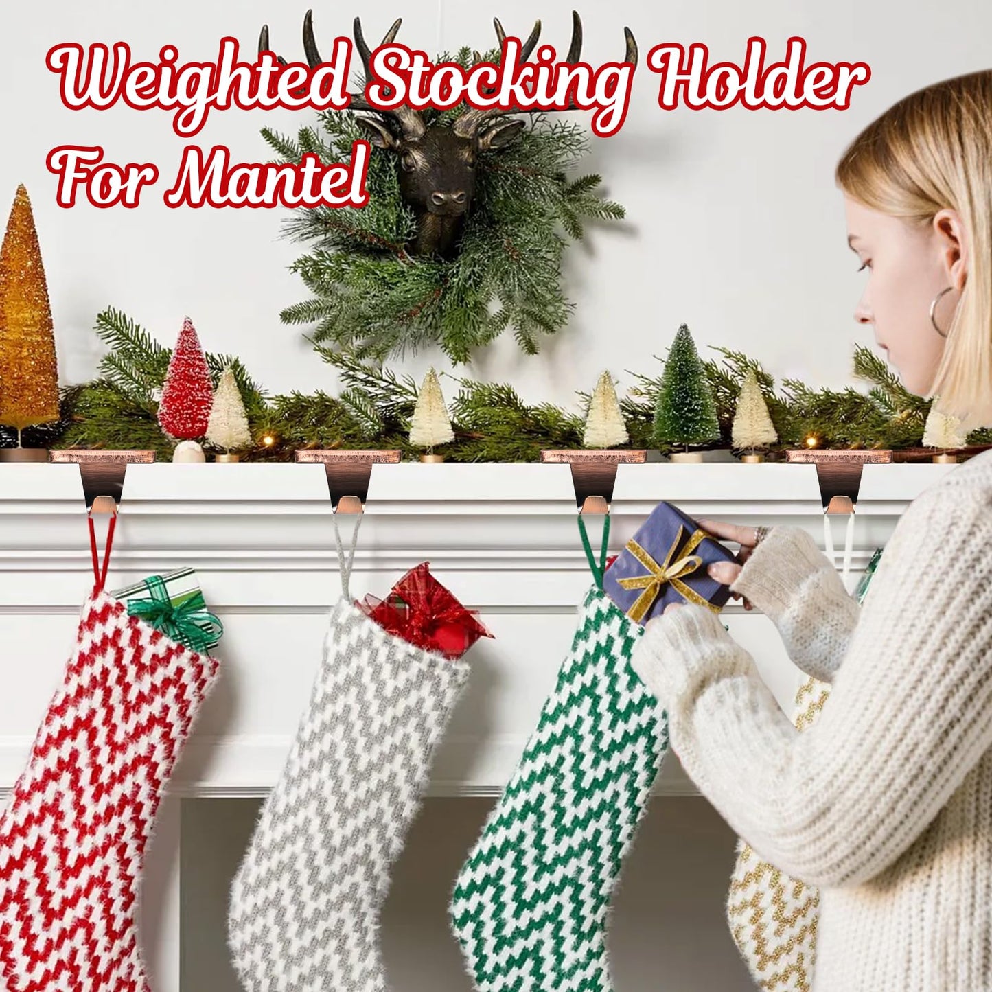 HMASYO Christmas Stocking Holders for Mantle Set of 4, Heavy Duty Iron Stocking Hangers Base, Low Profile Weighted Stocking Holder Hooks for Fireplace Tabletop Shelf Christmas Decoration, Copper
