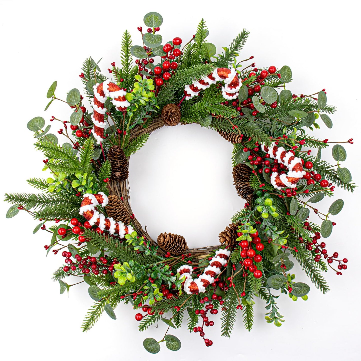 MG MagicGarden Christmas Wreaths for Front Door 20 Inches Artificial Christmas Wreath with Red Holly Berries Pine Needles Pine Cones Candy Canes for Xms Holidays