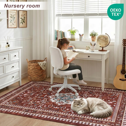 BLEUM CADE 5' x 7' Red Boho Rugs for Living Room, Washable Low Pile Non-Slip Area Rugs for Bedroom Dining Room Kitchen Classroom Office Nursery Playroom