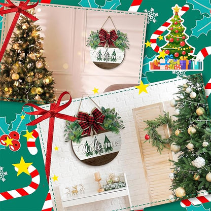 Boao Christmas Door Decorations Wooden Merry Christmas Welcome Front Door Sign Hanger with Red Buffalo Plaid Bow Xmas Wreaths for Outdoor Porch Farmhouse Decor