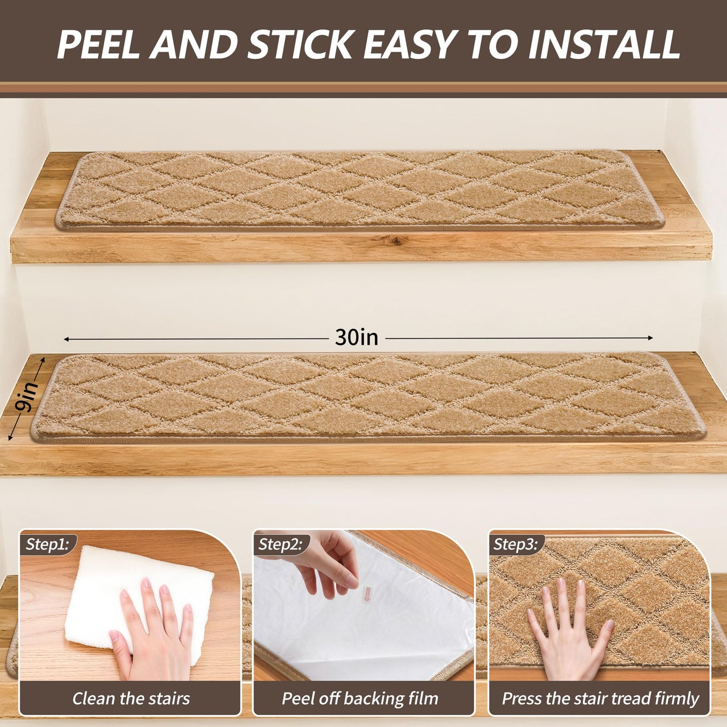 JOYKISS 9"x30" Stair Treads for Wooden Steps Indoor, 2Pcs Non Slip Peel and Stick Carpet Stair Treads, Washable & Reusable Self Adhesive Stair Runner Rug for Kids Elders Pets - Beige