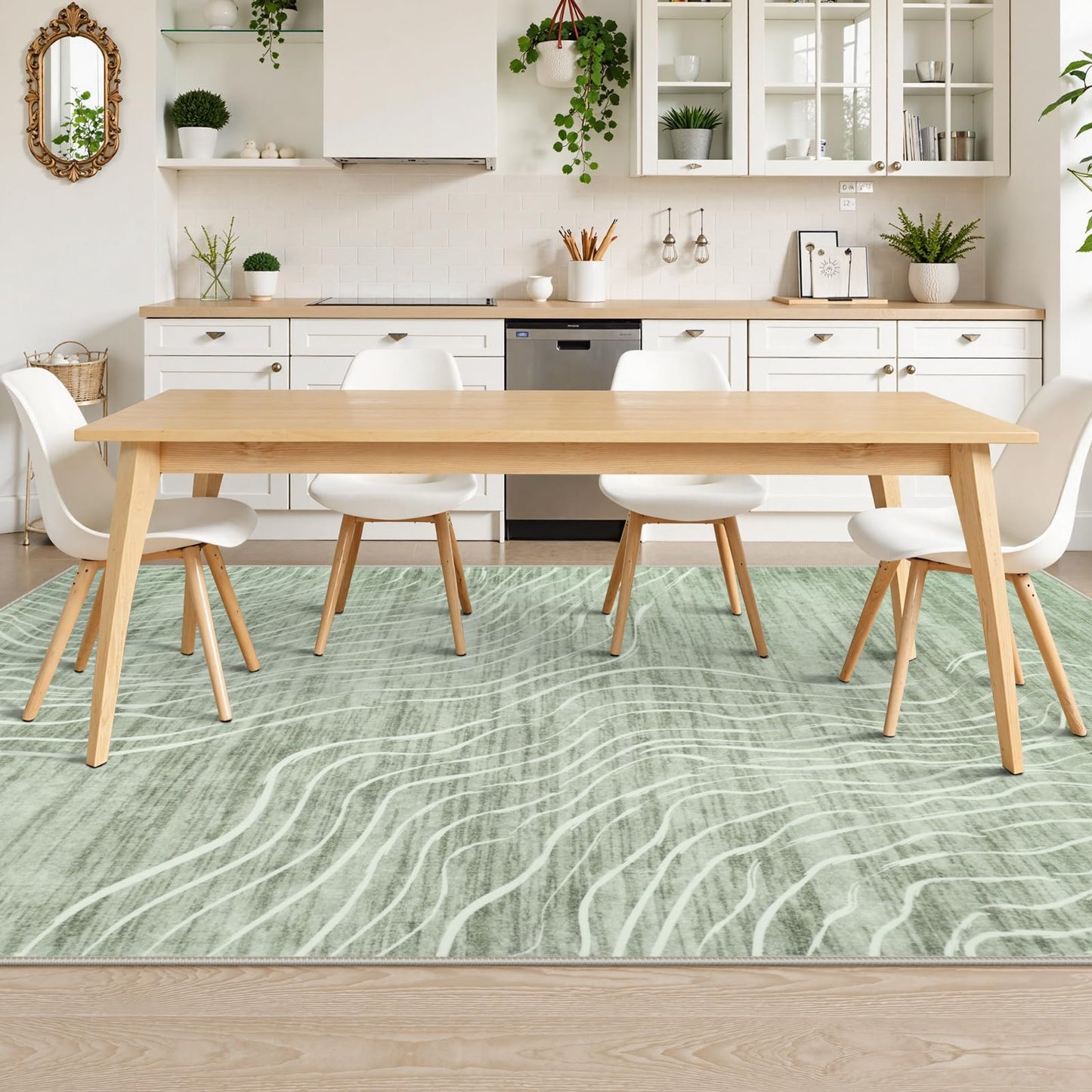 LIVEBOX 8x10 Modern Area Rugs for Living Room, Abstract Non-Slip Washable Rugs, Minimalist Wave Striped Neutral Boys Girl Nursery Area Rug for Bedroom, Carpet for Playroom Office(Sage Green,8'x10')
