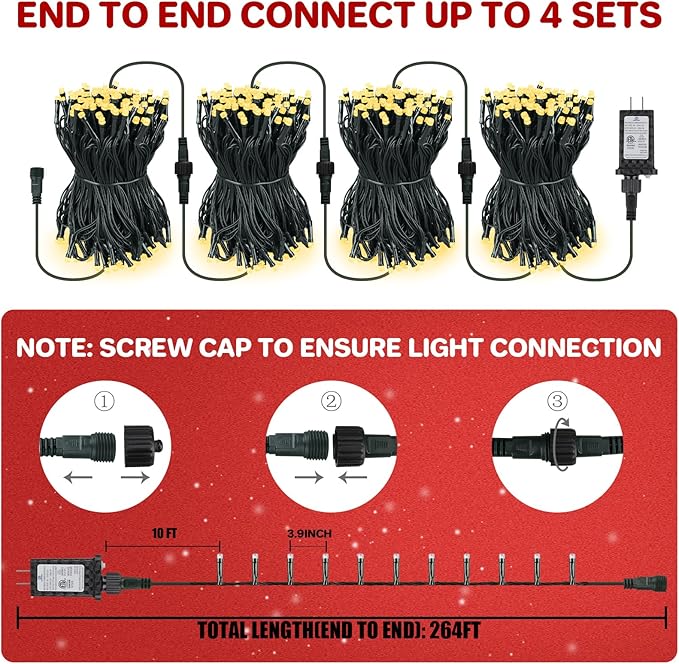 264FT 800 LED Christmas Lights, Twinkle Xmas Lights with 8 Modes and Timer, Outdoor Waterproof Christmas Tree Lights for Room Bedroom Wedding Party Holiday Decorations, Warm White