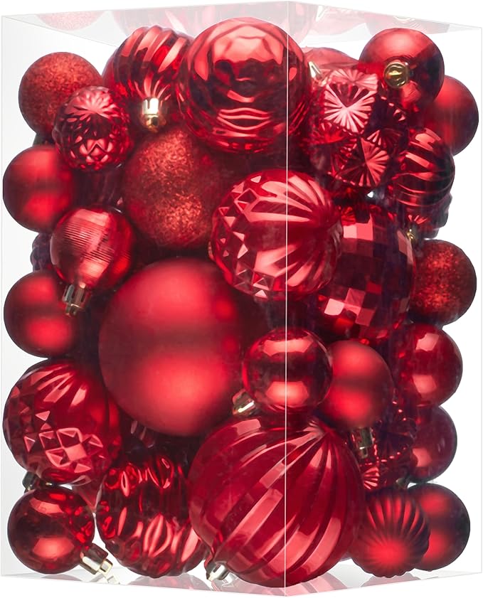 JORNOY Christmas Tree Ornaments Set, 47 Pack Assorted Shatterproof Hanging Balls Decorations, Plastic Bulbs Bulk with Lanyard for Home Holiday Party Decor, 3-Sizes (Red)