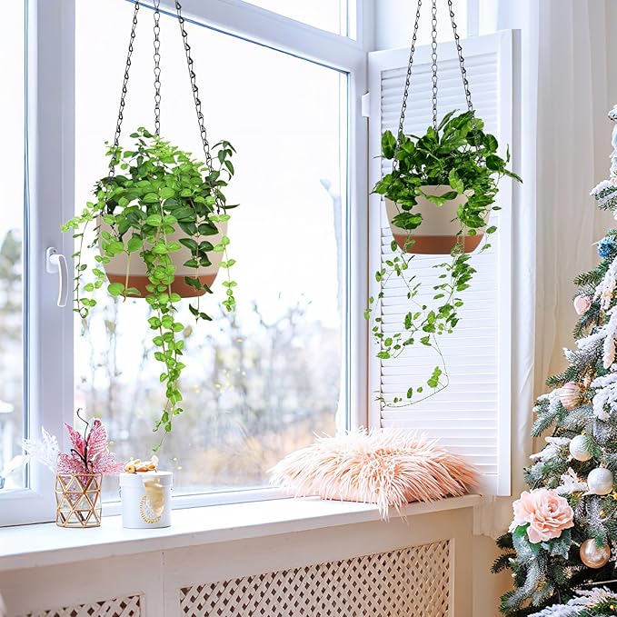 Set of 2 8 Inch Self Watering Hanging Planters for Indoor Outdoor Plants, Color Blocking Hanging Baskets Flower Pots with Drainage Hole & Removable Water-Storage Tray and 20" Chain Hanger