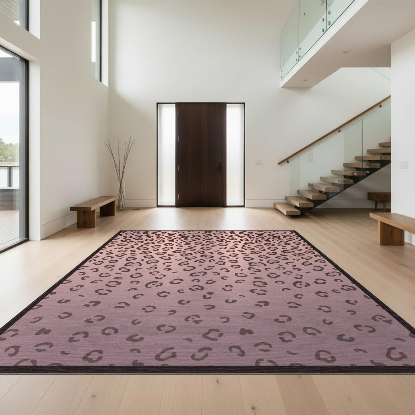 Design&I 5'x7' Washable Area Rug Pink Leopard Print Graduated Density Abstract Rosette Cheetah for Dining Room, Under Table, Home Office, Chair-Friendly & Snag-Free Skid-Resistant Room