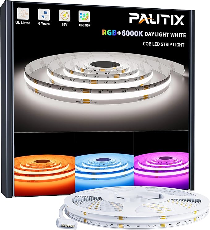 PAUTIX RGBW 6000K COB LED Strip Light 6.56ft/2m,UL Listed 24V Color Changing Tape Lights with 896LEDs/m Multicolor Flexible for TV,Bedroom,Party DIY Decoration(Power Supply & Controller Not Included)