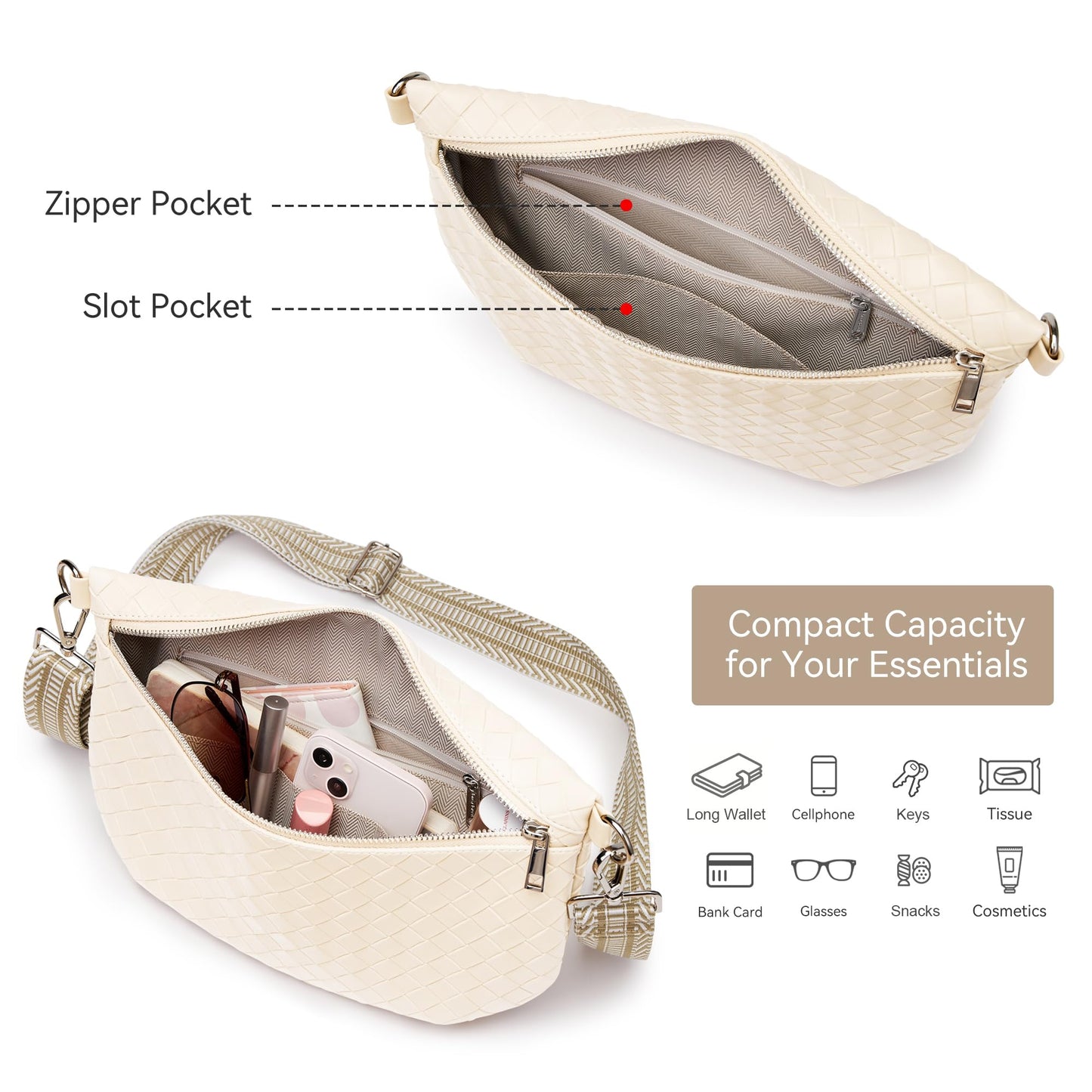 KALIDI Woven Crossbody Bags for Women Travel Vegan Leather Fanny Packs for Woman Cross Body Purse Fashion Belt Bum Bag with Wide Strap