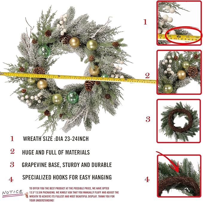 Holiday Christmas Wreath for Front Door, Snow Flocked 22-inch Artificial Winter Wreath with Gold and Green Ornaments, Pinecones and White Berries - Indoor & Outdoor Christmas Decoration