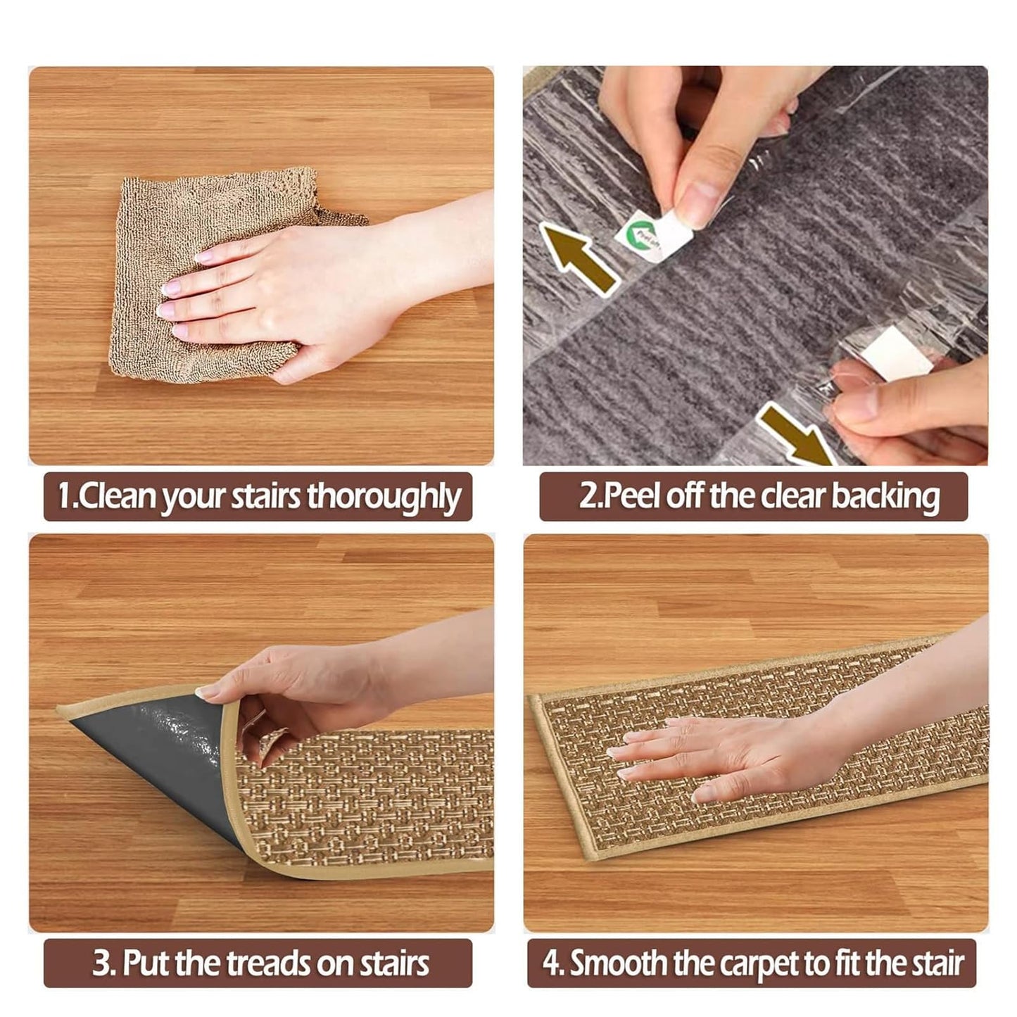 Braided Stair Treads Faux Jute,Non-Slip Stair Runners for Wooden Steps,Indoor,Farmhouse,15PCS 30"x8",Neutral Peel and Stick Stairs Carpet for Kids,Elders and Dogs,Stair Covers,Tan Brown