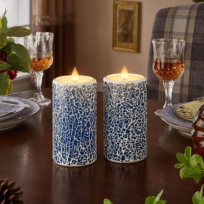 Blue Cracked Glass Flameless Pillar Candles - 3D Moving Flickering LED, Remote Timer & Battery Operated, Real Wax Interior for Home/Christmas Decor