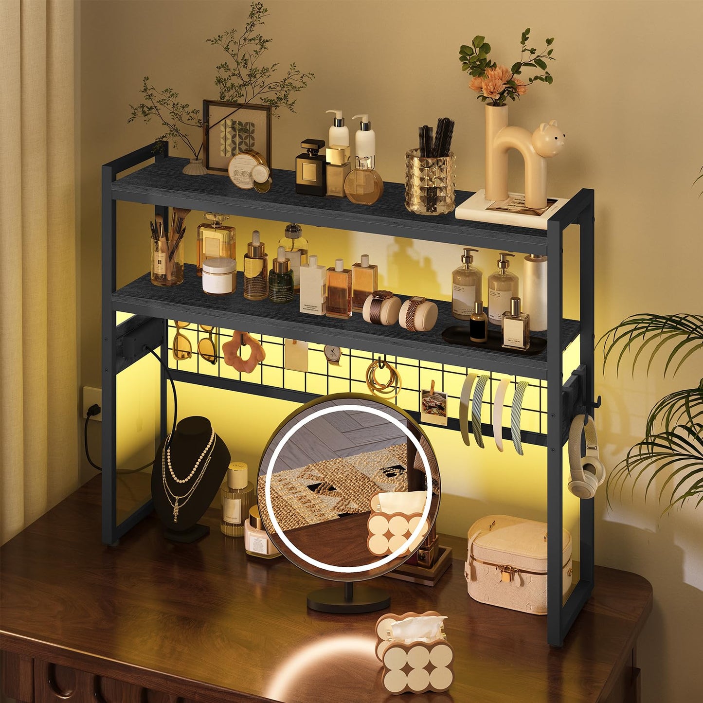 HOOBRO Desktop Bookcase, 2-Tier Desktop Organizer, 37.4" Wooden Office Storage Rack with Outlets, Display Shelf Rack with Light Strip, Desk Hutch for Office, Black BB13UDSJ01