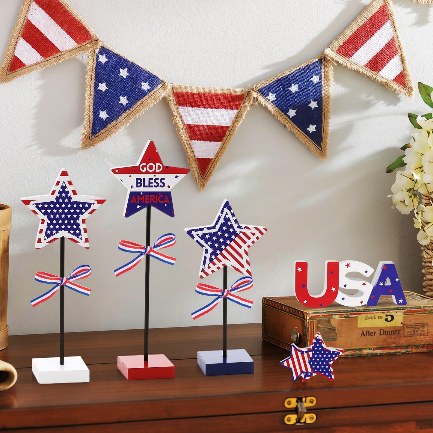 Elfcool 5Pcs 4th of July Table Decorations Wooden Star Set, Patriotic Memorial Day Table Centerpiece, Red White and Blue Independence Day Stand Decor for Home Office